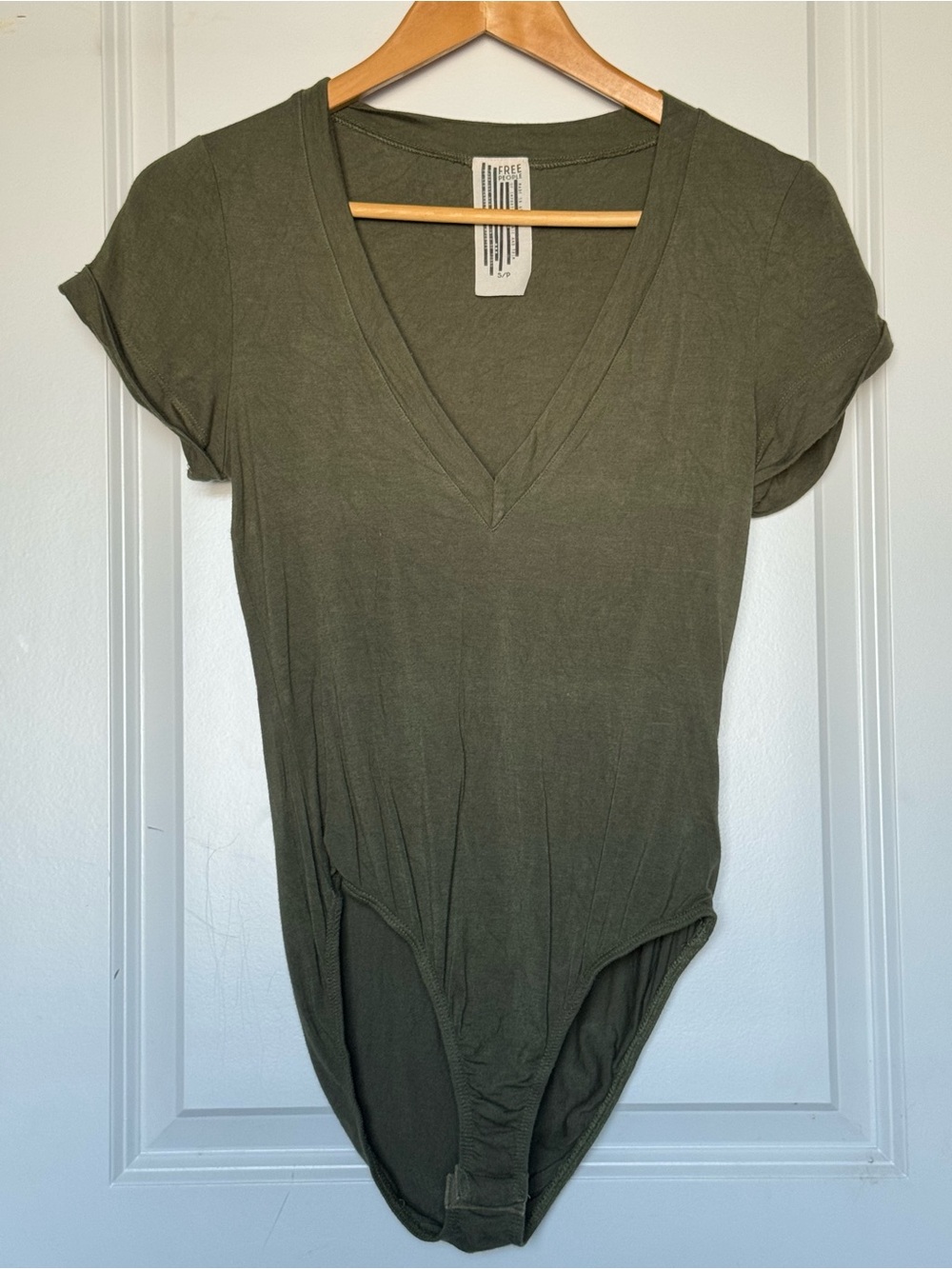 Free People Olive Green V-Neck Short Sleeve Bodysuit, S